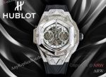 High Quality Replica HUBLOT BIG BANG SANG BLEU II Black Fluororubber Strap White Skeletonized Geometric Face Dial Titanium With Diamond-Set Case Watch 45mm